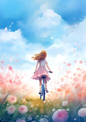 Young girl riding a bicycle on a road full of flowers bright atmosphere, watercolor.
