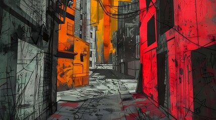 Conceptual Emotive Abstract Composition with Dynamic Shapes and Textural Contrasts in Moody Urban Alleyway