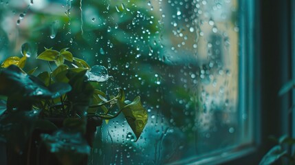 Raindrops splashing on a windowpane, distorting the view of the world outside during the monsoon season.