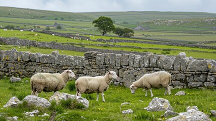 Obraz premium Sheep grazing near a picturesque stone wall in a traditional countryside setting.
