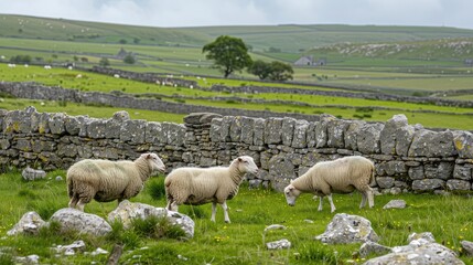 Sheep grazing near a picturesque stone wall in a traditional countryside setting.