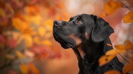  A tight shot of a dog gazing at a tree, with leafy foreground and blurred backdrop of yellow and red foliage