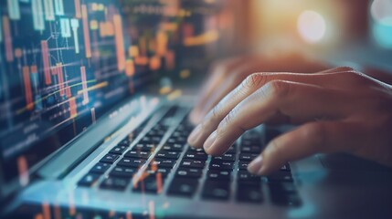 Tech Entrepreneur in Action: Close-Up of Hands on Laptop, Delving into Cryptocurrency Trading and Business Technology with the screen displaying futuristic digital data graphics