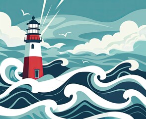 Geometric illustration of a lighthouse amidst turbulent ocean waves under a partly cloudy sky.