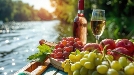 Bright and Juicy Fruits and Wine on a Boat by the River on a Sunny Summer Day