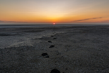 Sunrise or sunset on the salt lake Bulukhta (Russia). Human footprints going towards the sun at golden hour with the sun in the background. Evening or morning.