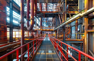 Industrial interior of a factory or power plant with a lot of pipes and machinery