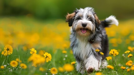  A dog stands in the grass, holding a flower gently in its mouth Tongue out, it gazes at the camera