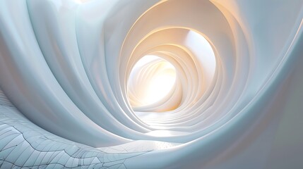3D rendering of a futuristic tunnel with glowing light at the end of the tunnel.