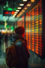 Obraz premium Tourist looking at flight schedule at airport 