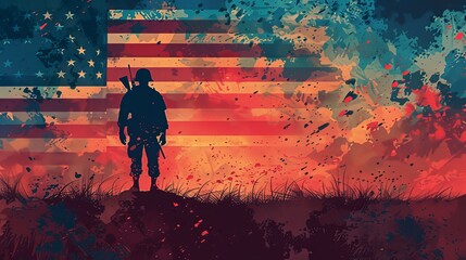 Silhouette of soldier standing against American flag background for Memorial Day tribute