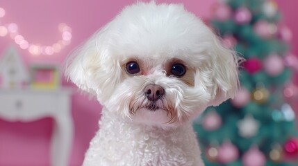  A small white dog stands before a pink wall A pink Christmas tree leans against it Behind the dog, a pink and white Christmas tree is situated against another pink wall
