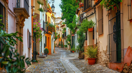 A narrow street with a cobblestone path lined with potted plants and trees - Powered by Adobe