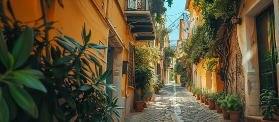 Narrow cobbled street in small cozy old town. Typical traditional houses with bright yellow walls, blooming plants, flowers. Summer travel concept