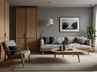 Scandinavian-style living room with light wood furniture and clean lines, generative AI