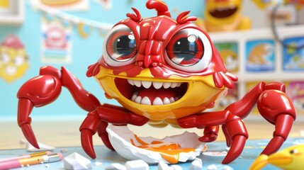 Naklejka premium A tight shot of a toy crab holding a cracked egg in its pincers A separate, cracked egg lies in the foreground Behind the crab, a toy duck is visible