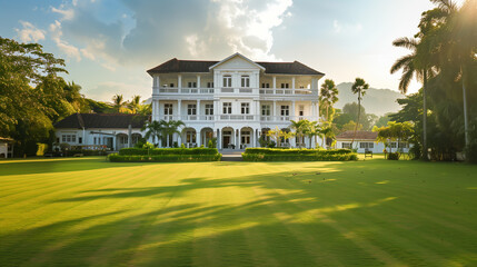 Fototapeta premium Old style hotel building in park with a large green lawn. Beautiful wedding venue background.