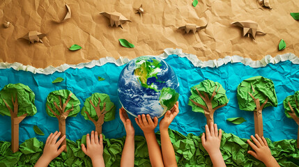 Close-up image of a child holding an earth-like sphere against a background of nature and animals made of paper..