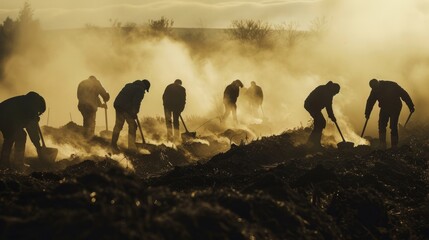 A group of workers digging trenches in the cool morning air steam rising from their breath.