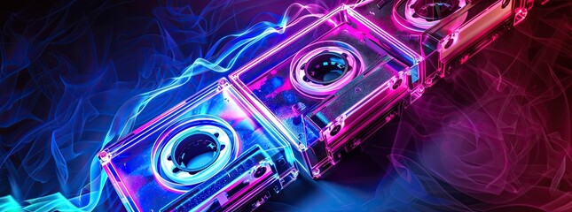 Retro audio cassette tapes with bright neon glowing colors on a dark background.