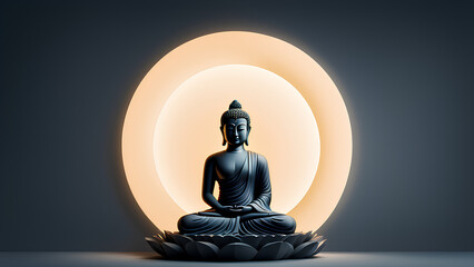 A serene Buddha statue in a meditative pose, centrally positioned and surrounded by a glowing halo of light.