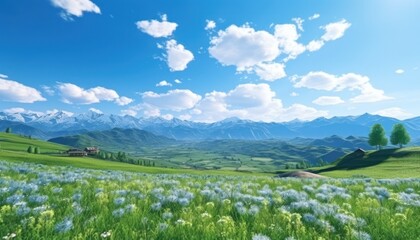 Obraz premium A stunning spring day landscaping views of fertile land surrounded beautiful green vegetation, wide stretches of hills and mountains with clear skies in spring