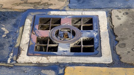  A drain in the middle of the sidewalk, featured with a grated cover, and a small grate within the cover lies on the ground