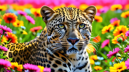 Neon Leopard in Rainbow Flower Field Staring Intensely at Camera
