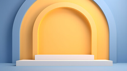 digital arched window and wooden podium e-commerce graphics poster background