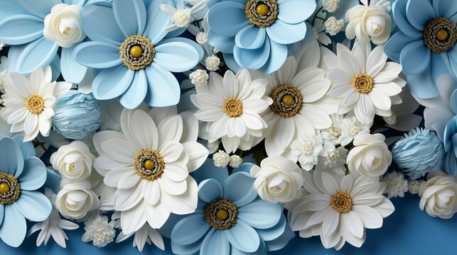 A serene white flower background with clusters of daisies and lilies on a soft, gradient blue backdrop, perfect for wedding invitations and bridal shower designs.