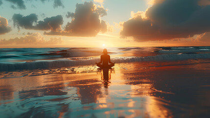 Beachside Meditation: High Resolution Image of Person Meditating with Wellness and Tranquility at Beach Resorts