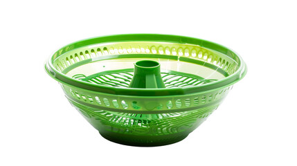 A green colander rests on a white table, creating a simple yet functional kitchen setting