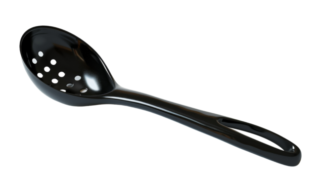 A black spoon with holes on a clean white background