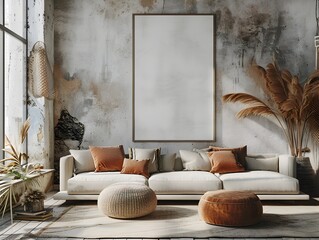 D Rendered Frame Mockup on Living Room Wall Poster with Modern Interior Design