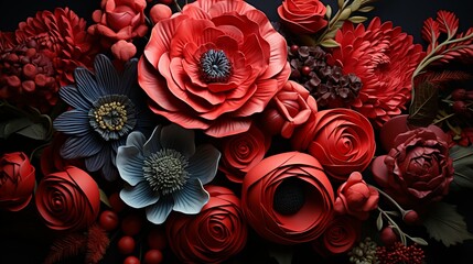 A striking red flower background with dramatic roses and anemones, contrasted against a dark, moody backdrop, perfect for bold and romantic designs.