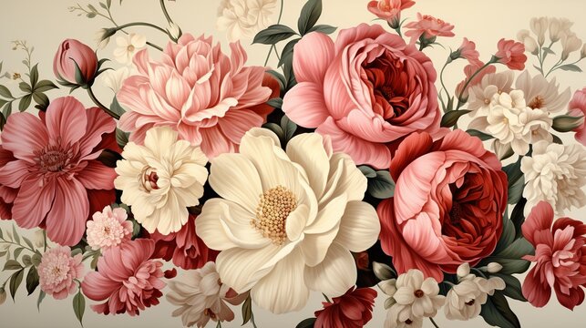 A vintage flower background with classic botanical illustrations of roses and lilies, set against a cream-colored backdrop, offering a timeless and elegant look.