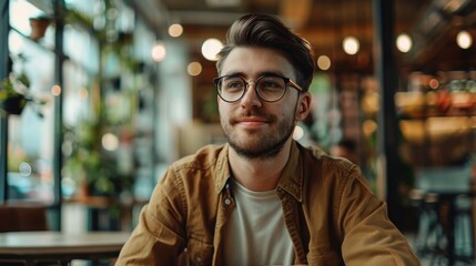 Fototapeta premium Millennial person in a spacious setting perfect for promotional text.