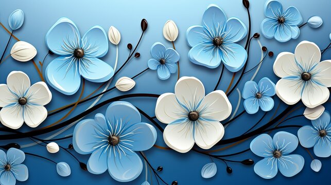 A blue flower background with a whimsical pattern of star-shaped flowers and swirling vines, providing a playful and enchanting visual for various designs.