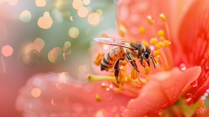 Naklejka premium Honeybee on Flower, Close-up of a Honeybee Pollinating a Vibrant Bloom