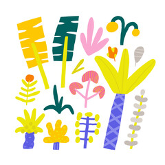 Cute jungle, rain forest composition, postcard with funny hand drawn doodle plants, flowers, trees, palm, leaves. Wild nature, mossy forest, wood t shirt print, cover, template, banner, poster print