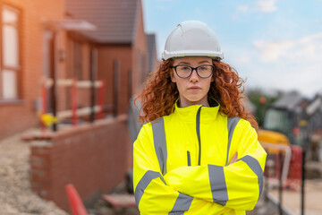 confident  female site manager engineer surveyor in safety clothes working building construction	