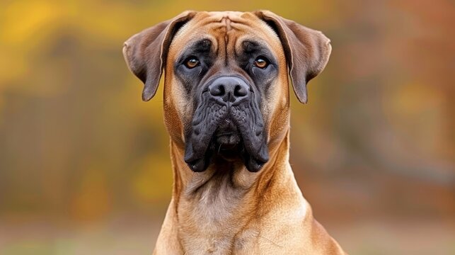  A tight shot of a poised dog's face with an intensely focused expression Background of nearby trees and grass subtly blurred