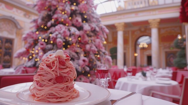  A redroom houses a Christmas tree adorned in pink, its centerpiece Nearby, a table is set with a plate of spaghetti Surrounding are red chairs