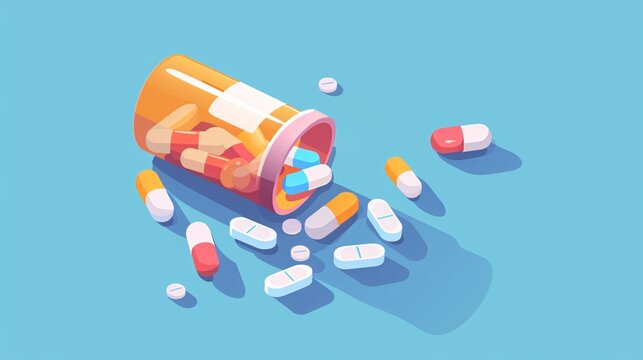 Medication falling out of open pill bottle in cartoon illustration.
