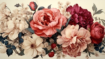 A vintage flower background with classic botanical illustrations of roses and lilies, set against a cream-colored backdrop, offering a timeless and elegant look.