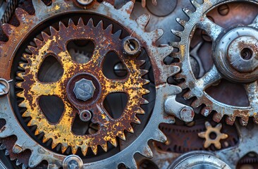 The image shows a close-up of a complex gear mechanism. The gears are made of metal and are arranged in a intricate pattern.