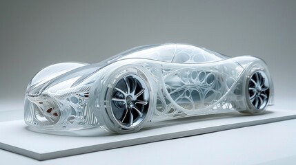 Intricate paper cut of an elegant EV car design, showcasing delicate patterns and sleek lines