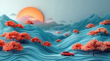 Detailed paper cut scene of an EV car driving through a scenic landscape, with layered depth and artistic flair