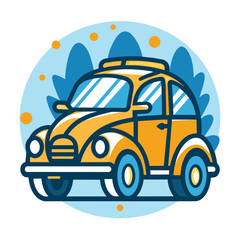 Naklejka premium Yellow Vintage Car with Blue Background and Abstract Shapes