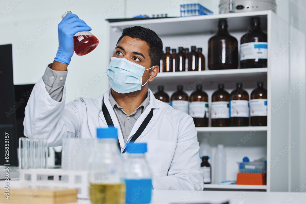 Sticker Healthcare, scientist and man with beaker, liquid and thinking for blood work or pathology in lab. Medicine, male person and researcher with glass container for pharmaceutical or medical innovation